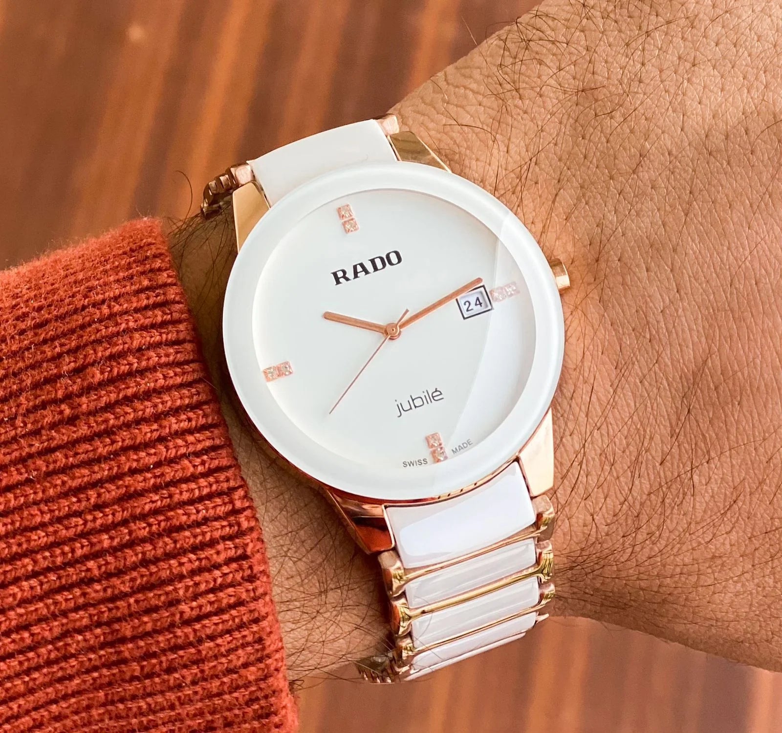 Rado Centrix or Integral watch with a white ceramic and rose gold